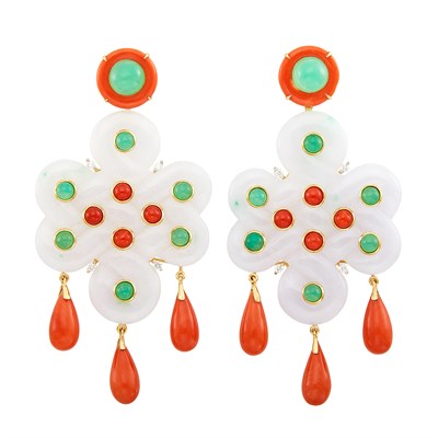 Lot 378 - Pair of Gold, Carved Lavender Jade, Coral, Green Chalcedony and Diamond Pendant-Earclips