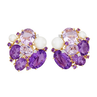 Lot 448 - Pair Gold, Amethyst, Freshwater Pearl and Diamond Cluster Earclips