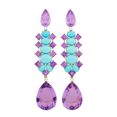 Lot 234 - Pair of Gold, Amethyst, Turquoise and Diamond Pendant-Earclips