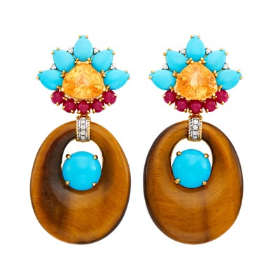 Lot 363 - Pair of Gold, Tiger's Eye, Citrine, Turquoise, Cabochon Ruby and Diamond Pendant-Earclips
