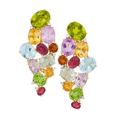 Lot 11 - Pair of Gold, Gem-Set and Diamond Earrings