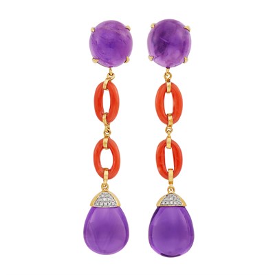 Lot 715 - Pair of Gold, Cabochon Amethyst, Coral and Diamond Pendant-Earclips