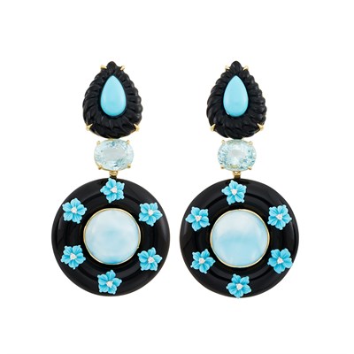 Lot 700 - Pair of Gold, Black Onyx, Turquoise, Larimar, Aquamarine and Diamond Pendant-Earclips