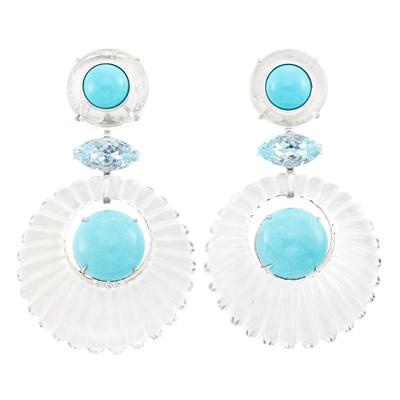 Lot 611 - Pair of White Gold, Fluted Rock Crystal, Turquoise, Aquamarine and Diamond Pendant-Earclips