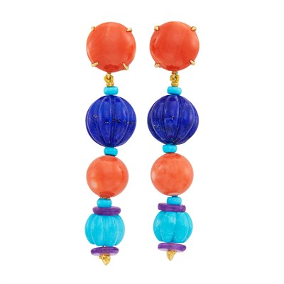 Lot 358 - Pair of Gold, Coral, Fluted Lapis and Turquoise and Amethyst Bead Pendant-Earclips