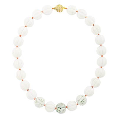 Lot 1111 - Carved Jade, Fluted White Jade and Coral Bead Necklace with Simulated Diamond Magnetic Clasp