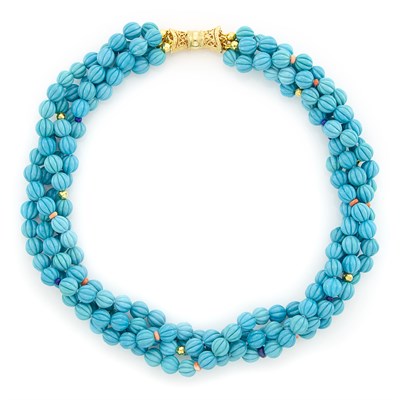 Lot 1516 - Four Strand Fluted Turquoise, Coral, Lapis and Gilt-Metal Bead Necklace with Magnetic Clasp