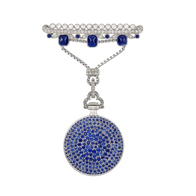 Lot 193 - Platinum, Cabochon Sapphire, Sapphire and Diamond Lapel-Watch, Cartier