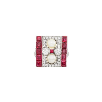 Lot 207 - Platinum, Ruby, Pearl and Diamond Ring