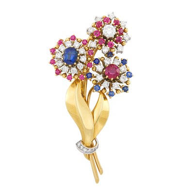 Lot 185 - Two-Color Gold, Sapphire, Ruby and Diamond Flower Clip-Brooch