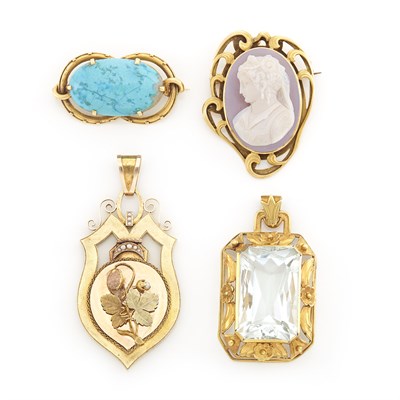 Lot 1341 - Group of Antique Gold, Turquoise, Aquamarine, Agate Cameo and Seed Pearl Brooches and Pendants