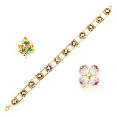 Lot 1699 - Gold and Enamel Floret Link Bracelet and Two Gold, Enamel and Pearl Flower and Leaves Pins