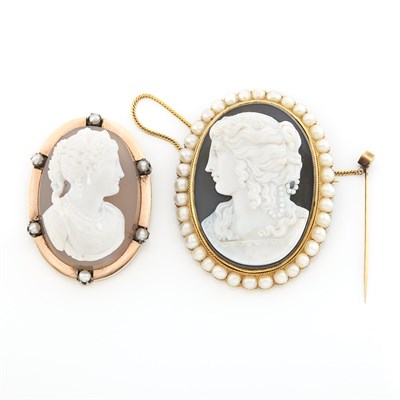 Lot 1696 - Two Gold, Low Karat Gold, Agate Cameo and Freshwater and Cultured Pearl Brooches