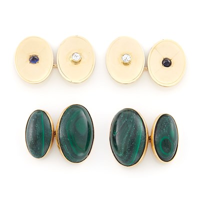 Lot 1351 - Pair of Gold and Malachite Cufflinks and Pair of Gold, Diamond and Cabochon Sapphire Cufflinks