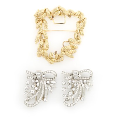 Lot 1251 - Platinum and Diamond Double Clip-Brooch with Gold Leaf Jacket
