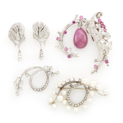 Lot 1745 - Three White Gold, Cabochon Ruby, Ruby, Cultured Pearl and Diamond Pendant-Brooches and Pair of Diamond Earclips