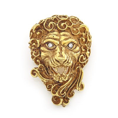Lot 1106 - Gold and Diamond Loin's Head Pendant-Brooch, Erwin Pearl