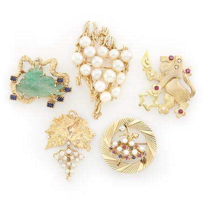 Lot 1281 - Five Gold, Diamond, Cultured Pearl, Carved Jade and Gem-Set Brooches