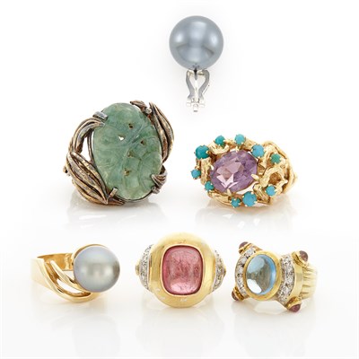 Lot 1279 - Five Gold, Silver, Gray Tahitian Cultured Pearl, Carved Jade, Diamond and Gem-Set Rings and Single Black Tahitian Cultured Pearl Earring