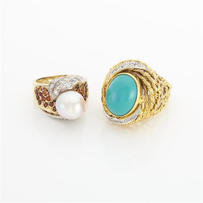 Lot 1452 - Two-Color Gold, Cultured Pearl, Garnet and Diamond Ring, and Gold, Turquoise and Diamond Ring