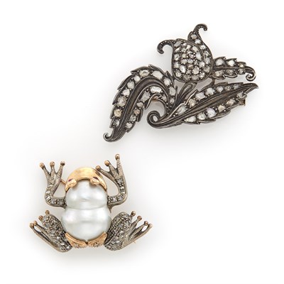 Lot 1997 - Antique Silver, Gold and Diamond Flower Brooch and Gold, Silver, Baroque Cultured Pearl, Diamond and Ruby Frog Brooch