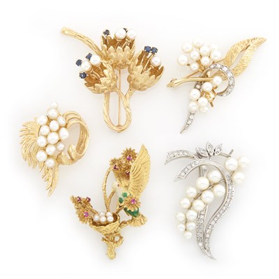 Lot 1280 - Five Yellow and White Gold, Diamond, Cultured Pearl and Gem-Set Brooches