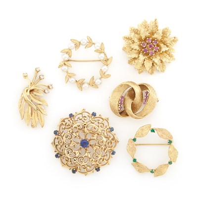 Lot 1259 - Six Gold, Diamond, Cultured Pearl, Diamond and Gem-Set Pins