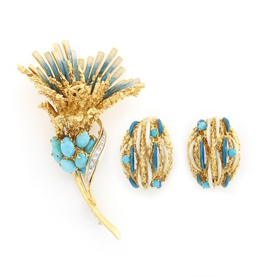Lot 1512 - Gold, Enamel, Turquoise and Diamond Flower Pin and Pair of Gold and Enamel Earrings