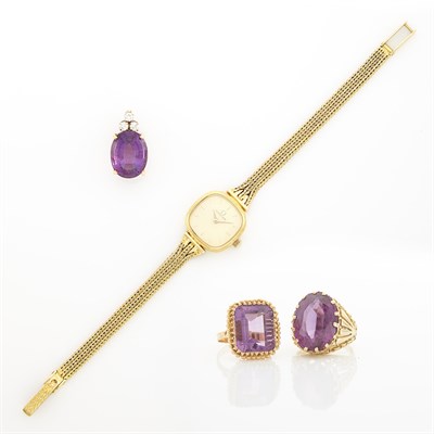 Lot 1278 - Two Gold and Amethyst Rings, Amethyst and Diamond Pendant and Gold Wristwatch, Omega