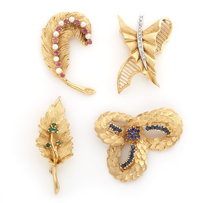 Lot 1261 - Four Gold, Diamond, Cultured Pearl, Ruby, Sapphire and Emerald Pins