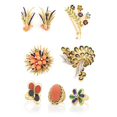Lot 1118 - Group of Gold, Coral, Multicolored Enamel and Diamond Pins, Pair of Earrings and Rings