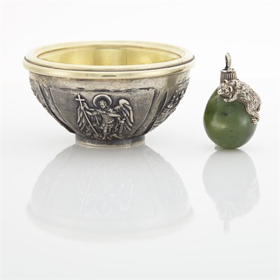 Lot 1395 - Sterling Silver Religious Bowl and Nephrite, Silver and Diamond Egg and Bear Charm