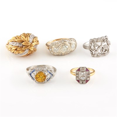 Lot 1878 - Five Two-Color Gold, Diamond and Gem-Set Rings