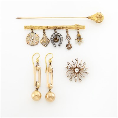 Lot 1797 - Group of Gold, Metal, Diamond and Gem-Set Hat Pin, Charm Brooch and Antique Diamond Pin