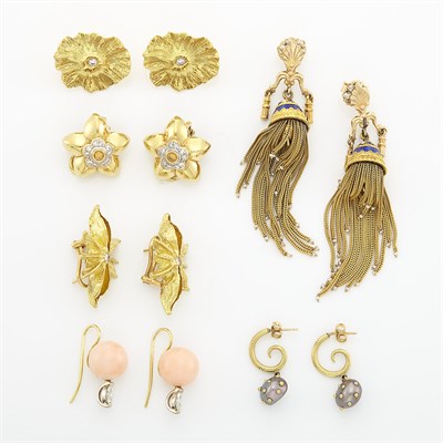 Lot 2090 - Six Pairs of Gold, Diamond and Gem-Set Earrings
