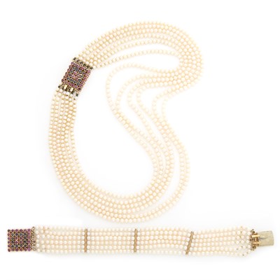 Lot 1300 - Six Strand Cultured Pearl Necklace and Bracelet with Gold and Gem-Set Clasp