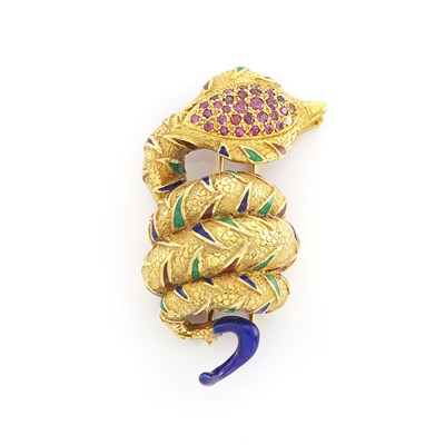 Lot 1137 - Gold, Multicolored Enamel, Ruby and Diamond Snake Clip-Brooch
