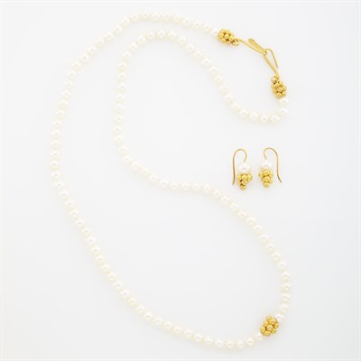 Lot 1024 - Gold and Cultured Pearl Necklace and Pair of Earrings, Linda Lee Johnson