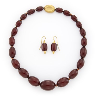 Lot 1039 - Amber Bead Necklace with Gold Clasp and Pair of Earrings, Linda Lee Johnson