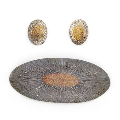 Lot 1823 - Sterling Silver and High Karat Gold Brooch and Pair of Earrings, Henry Shawah
