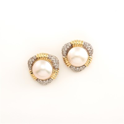 Lot 1857 - Pair of Two-Color Gold, Mabé Pearl and Diamond Earclips