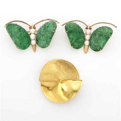 Lot 1597 - Pair of Gold, Jade, Pink Stone and Cultured Pearl Butterfly Pins and Gold Circular Pin