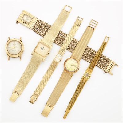 Lot 1773 - Five Gold Wristwatches and Watch