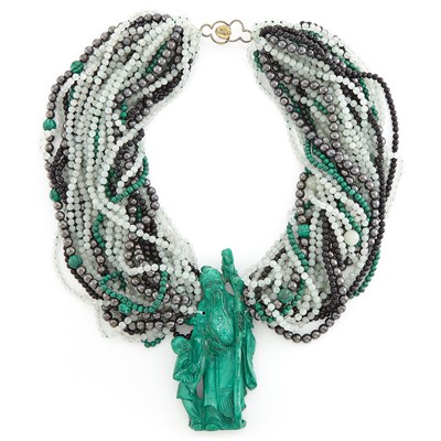 Lot 1600 - Carved Malachite Pendant with Multistrand Black Onyx, Green Quartz, Malachite and Hematite Bead Necklace with Silver Clasp
