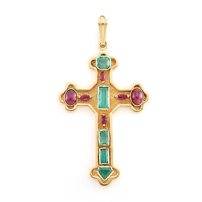 Lot 1166 - Gold, Ruby and Emerald Cross Pendant