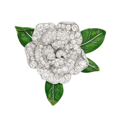 Lot 814 - Platinum, Diamond and Enamel Flower Clip, J. E. Caldwell & Co.