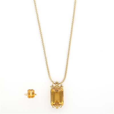 Lot 1462 - Gold, Citrine and Diamond Pendant Clip-Brooch Necklace and Citrine Ring