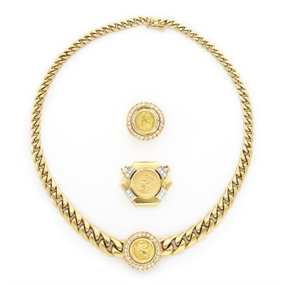 Lot 1157 - Gold, Diamond and Curb Link Medallion Necklace, Single Earring and Enhancer