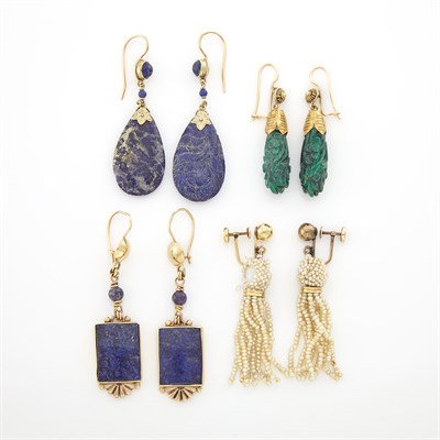 Lot 1408 - Three Pairs of Hardstone Pendant-Earrings and Seed Pearl Fringe Earclips