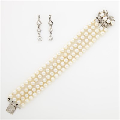Lot 1198 - Four Strand Cultured Pearl, White Gold and Diamond Bracelet, and Pair of Platinum and Diamond Pendant-Earrings